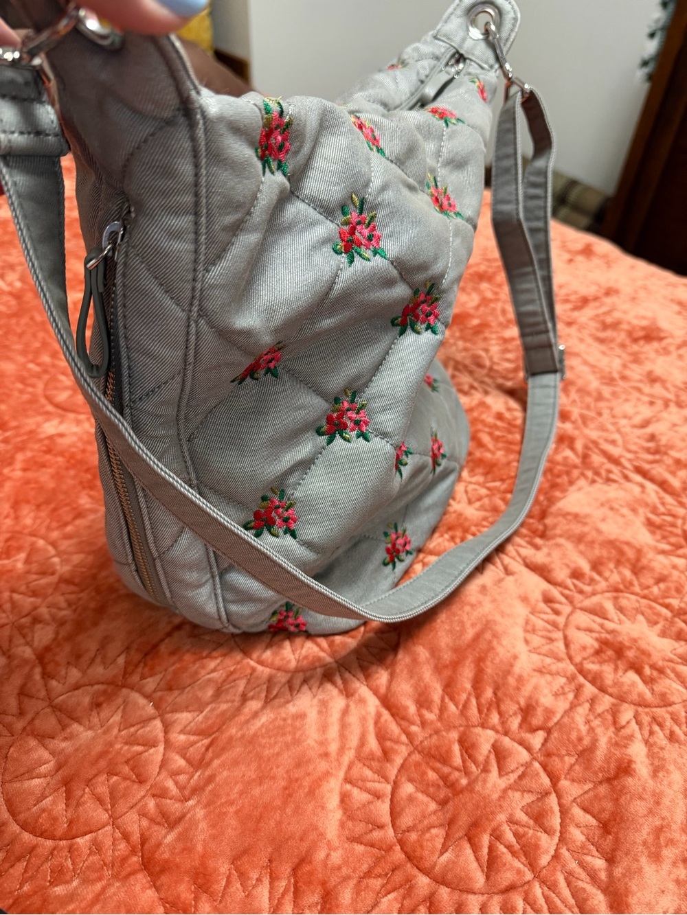 Vera Bradley Light Gray Quilted Crossbody with Pink & Green Floral Embroidery